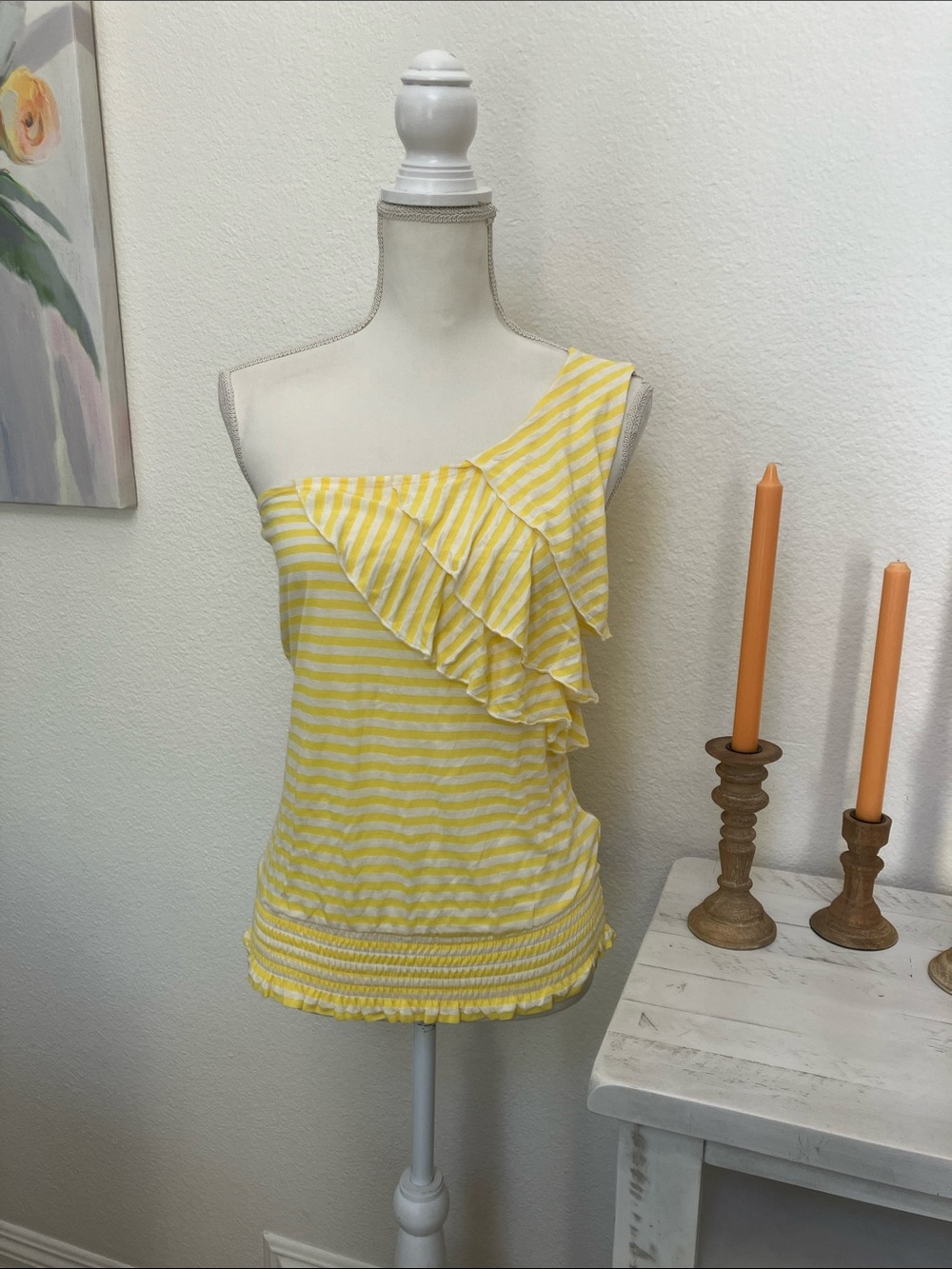Y2k Yellow Striped One-Shoulder Ruffle Top